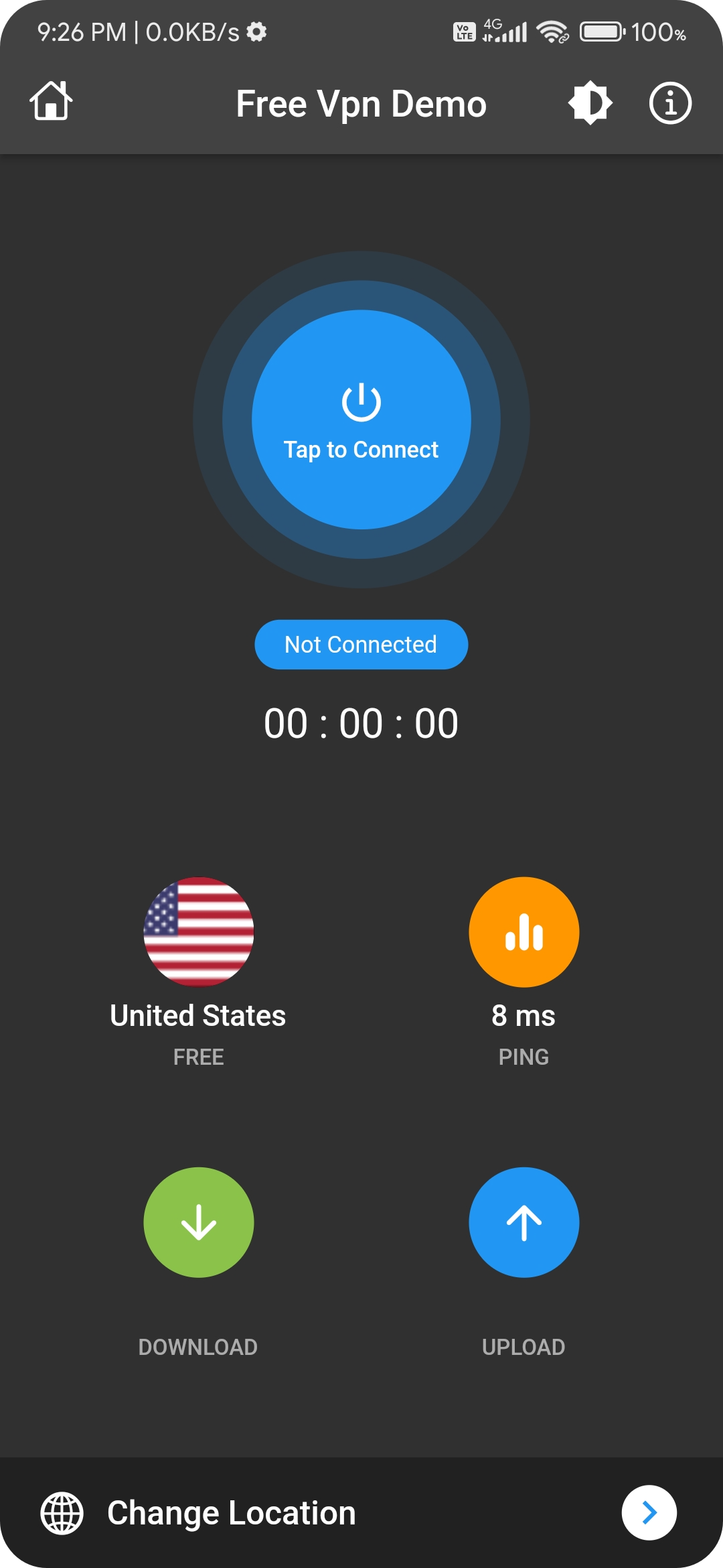 Flutter VPN Android home screen with its connect control and selected server